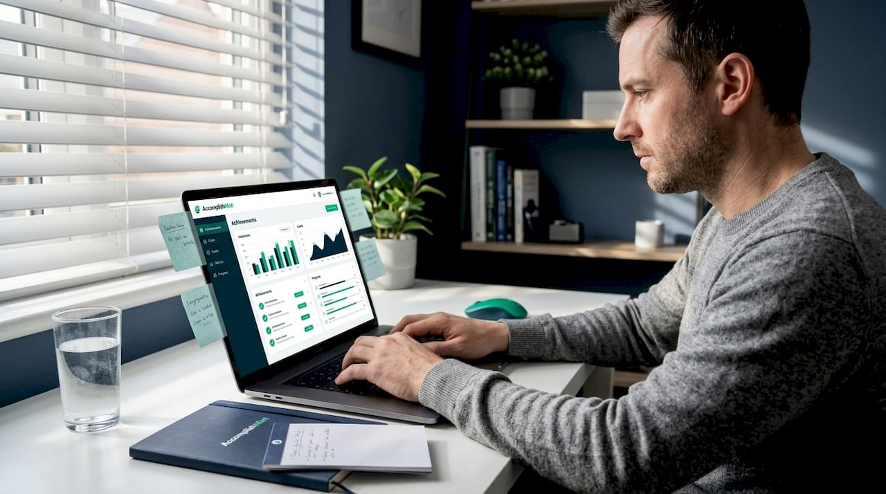 Man updating digital achievement journal