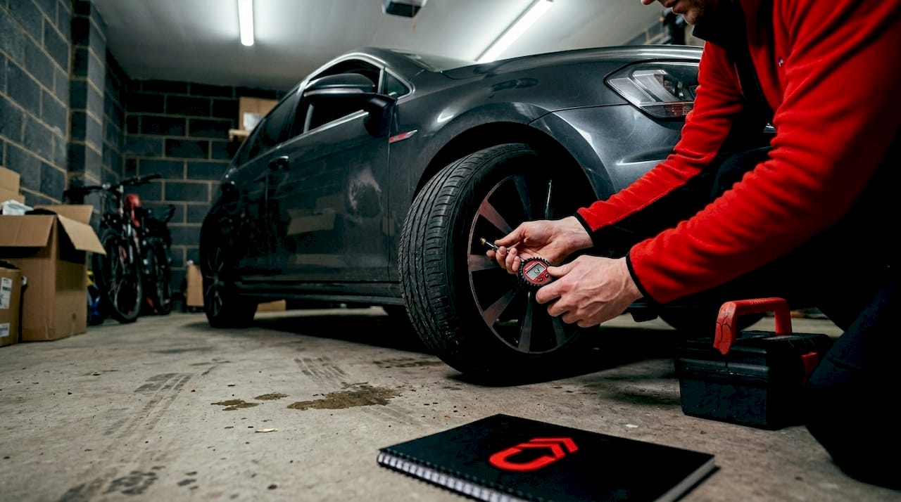 Checking tire pressure in home garage