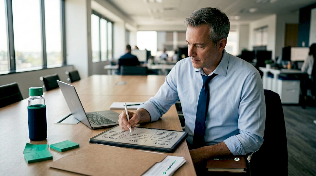 Man outlining STAR method for self-review