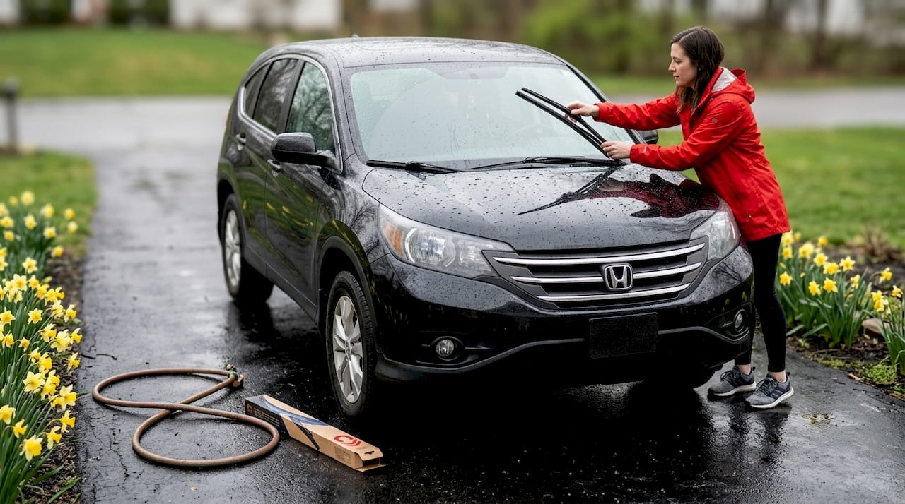 Woman replacing wiper blade after spring rain