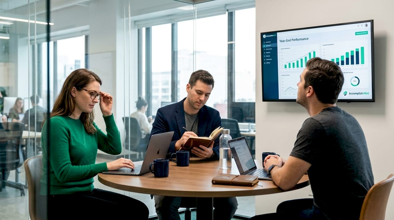 Team discusses year-end performance tracking tools