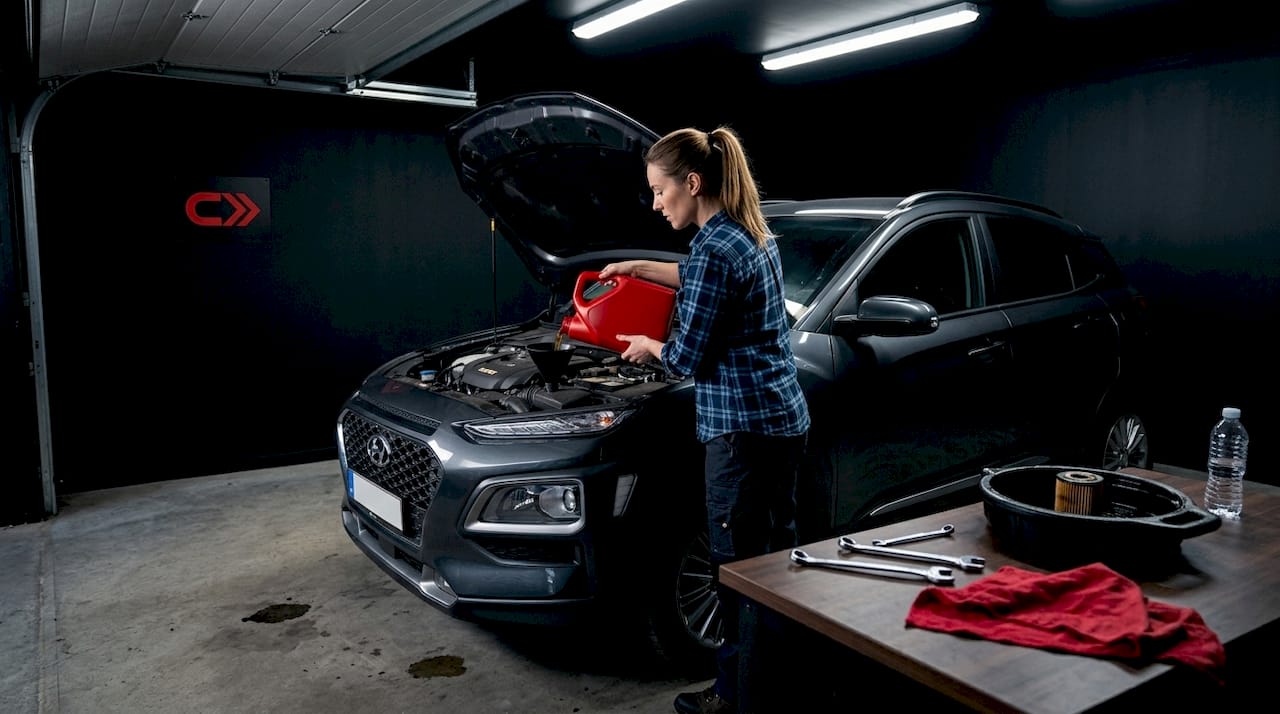 Woman pouring oil into car engine