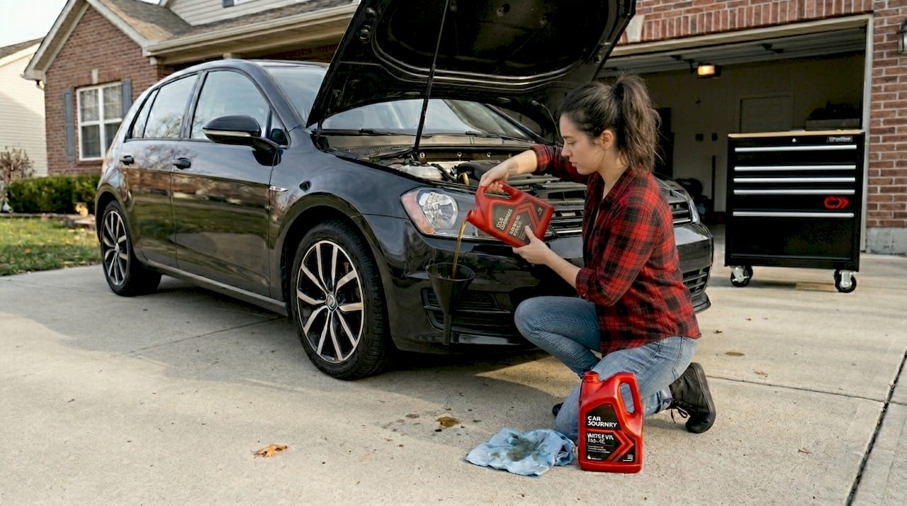 Woman pours oil into car engine