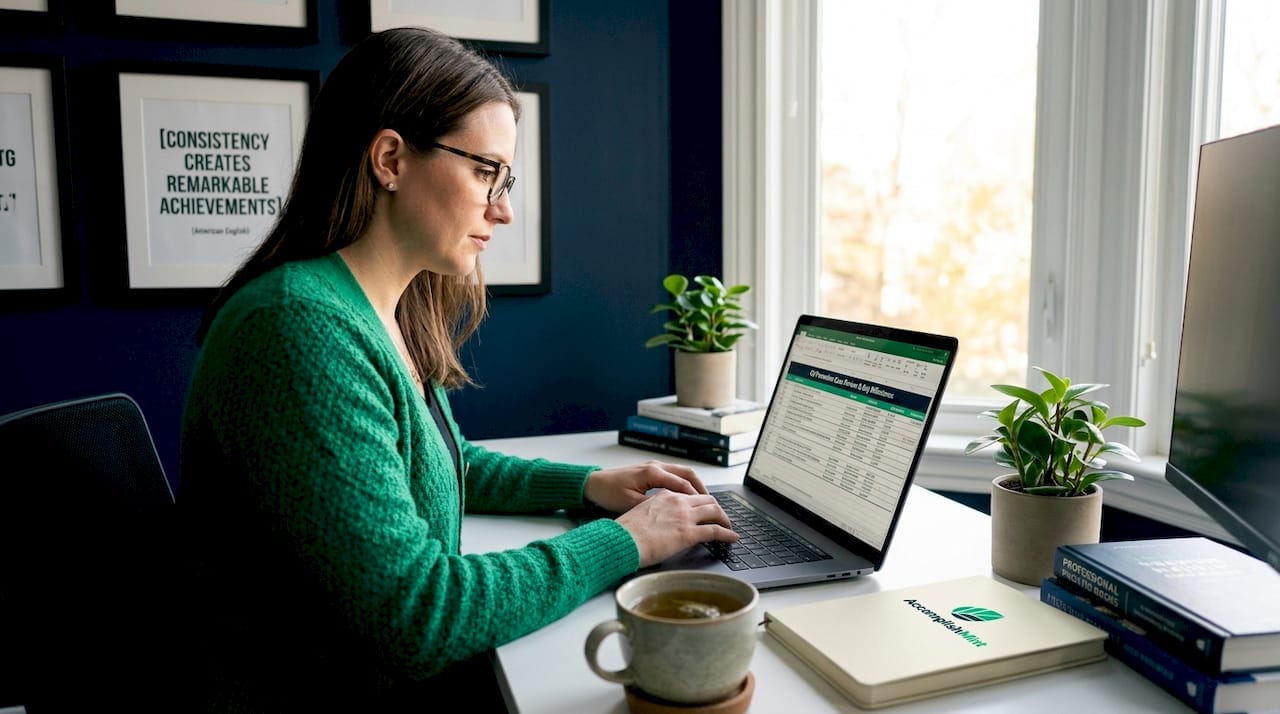 Woman logging achievements at home office desk