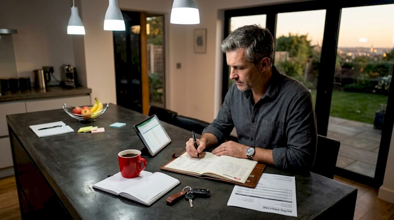 Man updating car mileage log at kitchen table