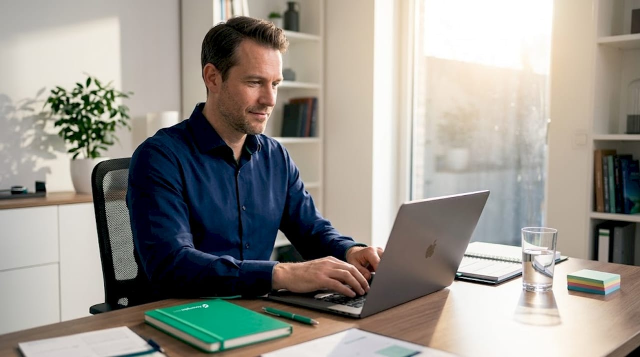 Man tracking goals in home workspace