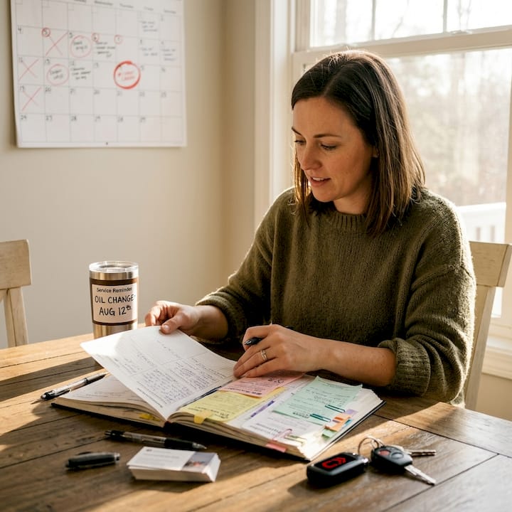 Car owner updates maintenance log at kitchen island