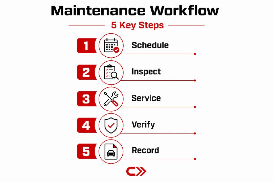 Infographic of five-step vehicle maintenance workflow