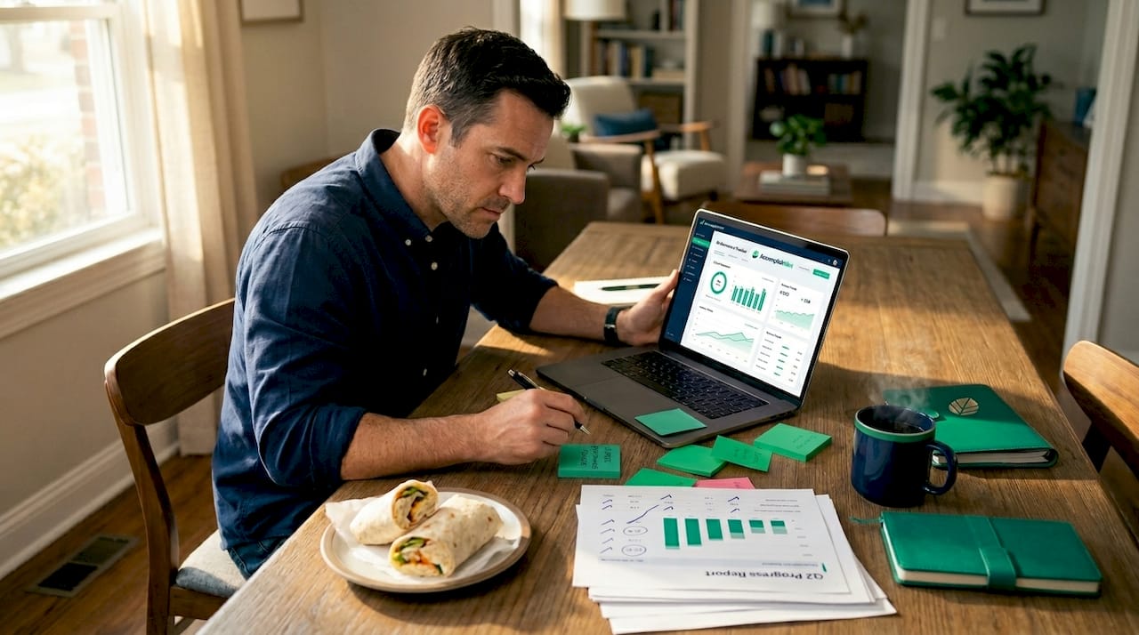 Man updating work performance tracker at kitchen counter