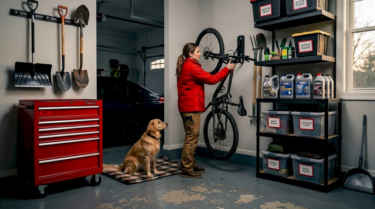 Garage zones for car, tools, and storage bins