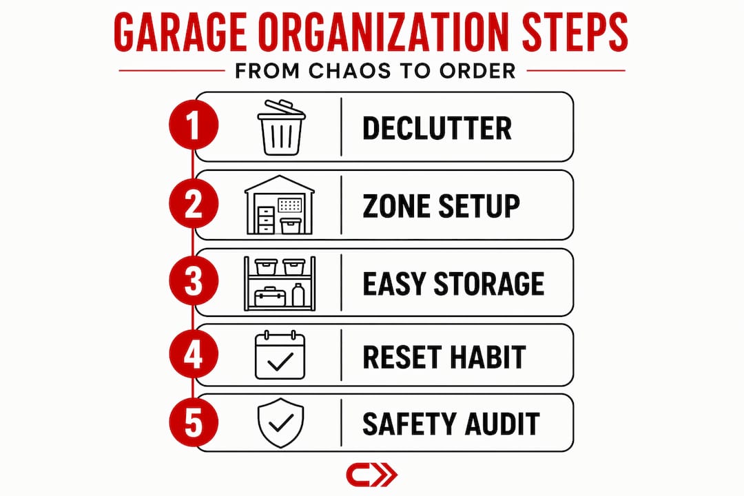 Infographic showing steps to organize a garage