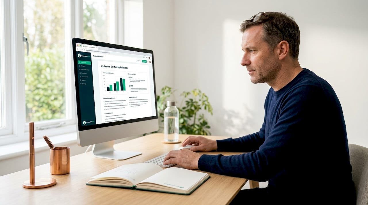 Man documenting achievements at open office desk
