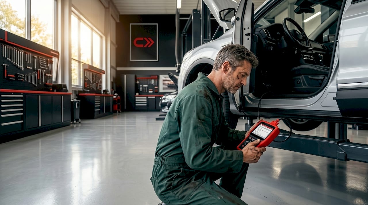 Mechanic uses scanner to diagnose vehicle problem