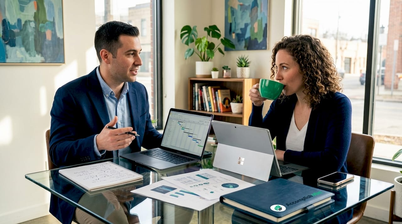 Colleagues discussing projects in open-plan office