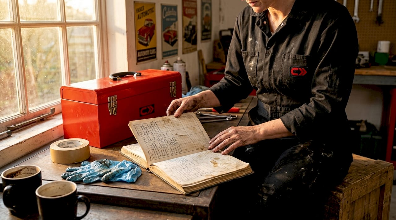 Mechanic examining vehicle service logbook in garage