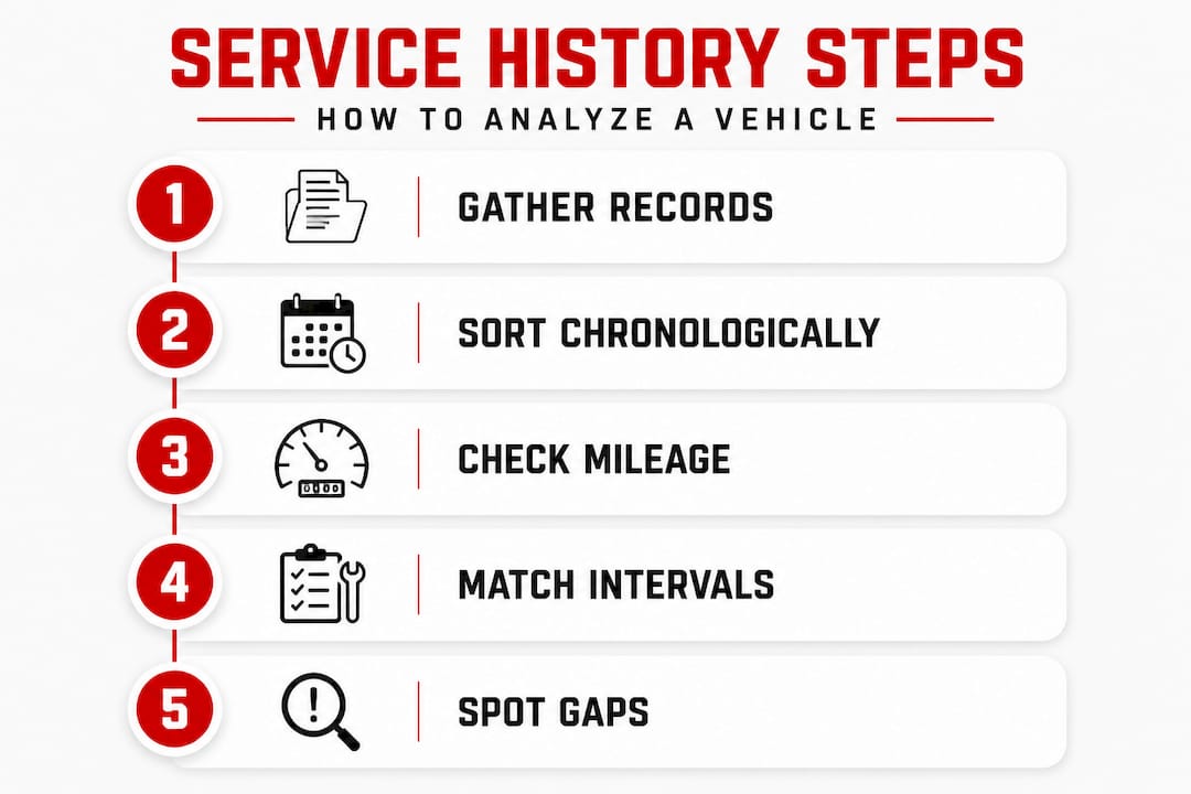 Infographic showing steps for service history analysis