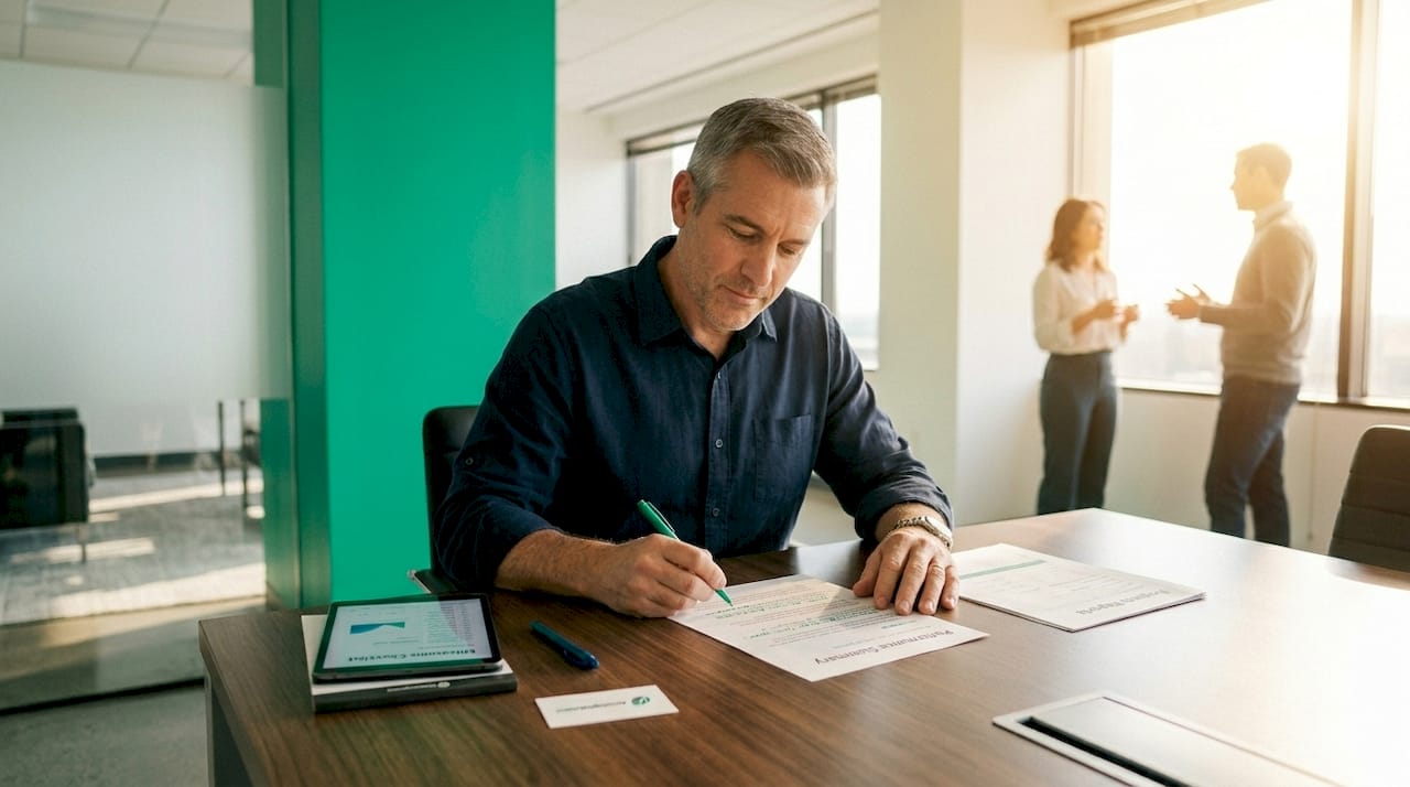 Team leader reviews milestone checklist at table