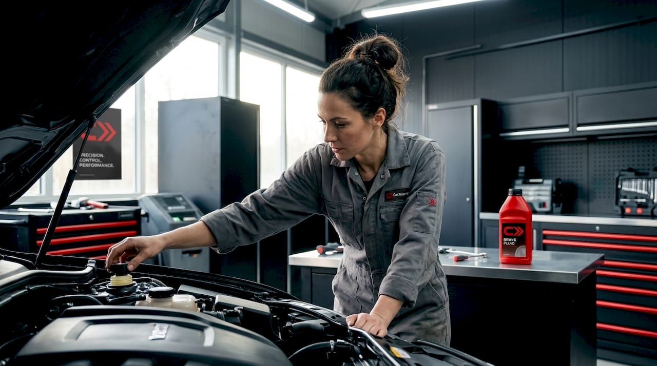 Mechanic inspecting car brake fluid at shop