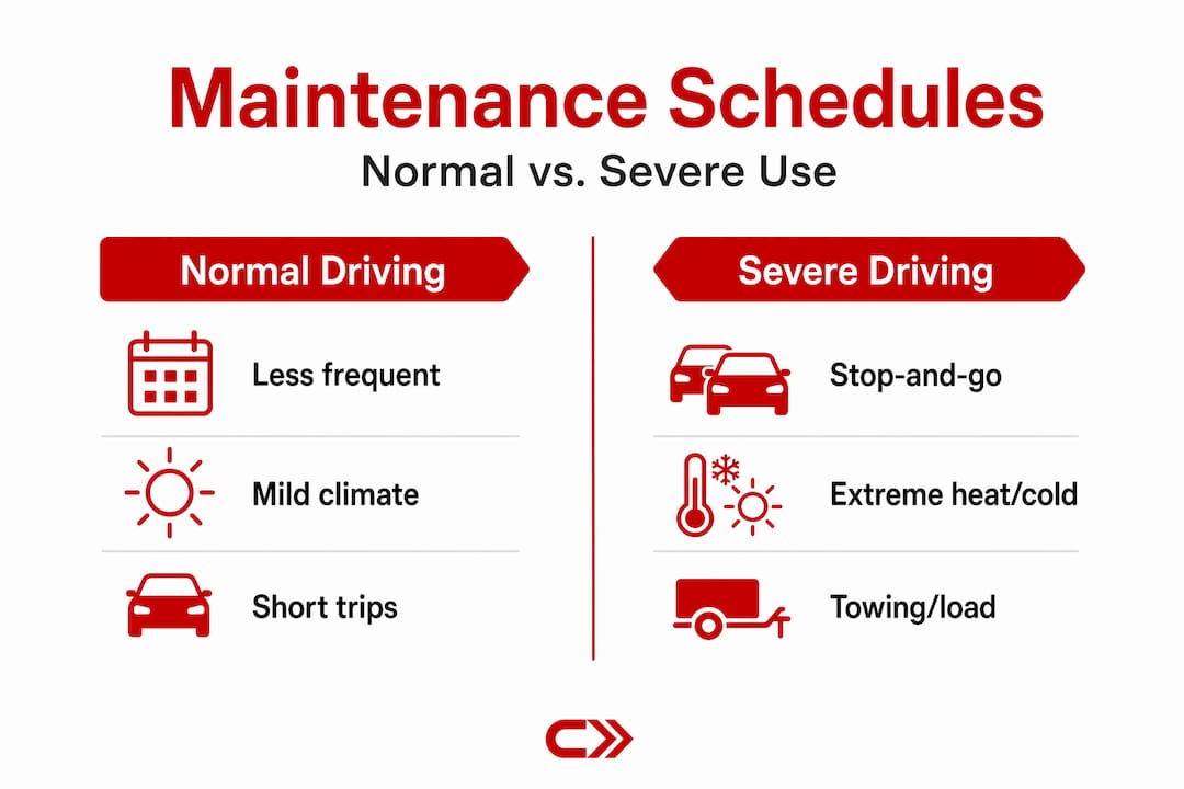 Infographic comparing normal and severe car maintenance schedules