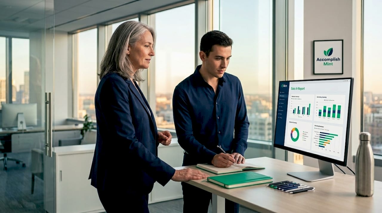 Manager mentoring colleague at open-plan office desk