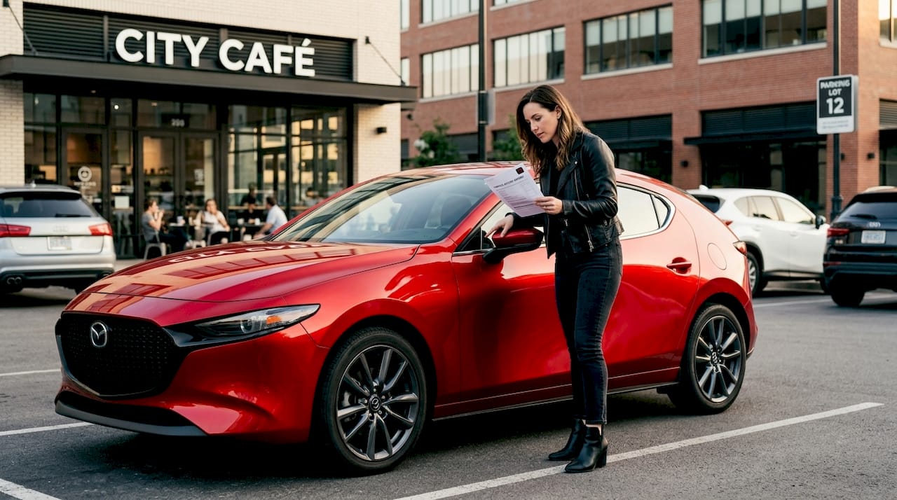 Woman inspecting car with history report