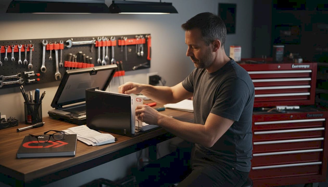 Man assembling binder for car service records
