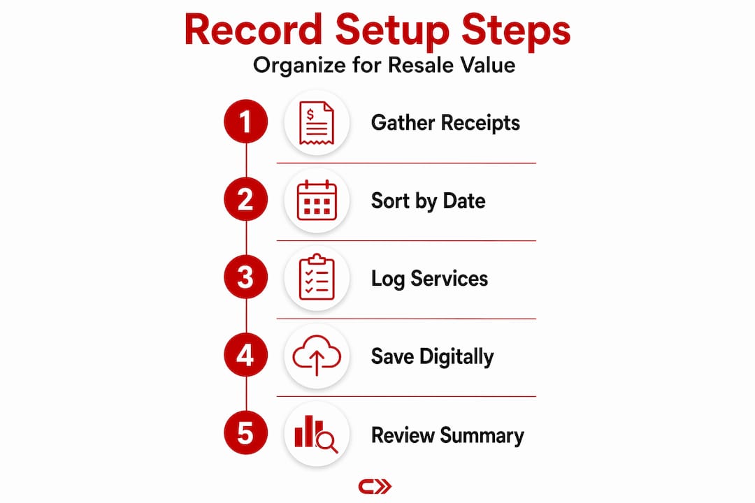 Vertical infographic showing steps to organize car records