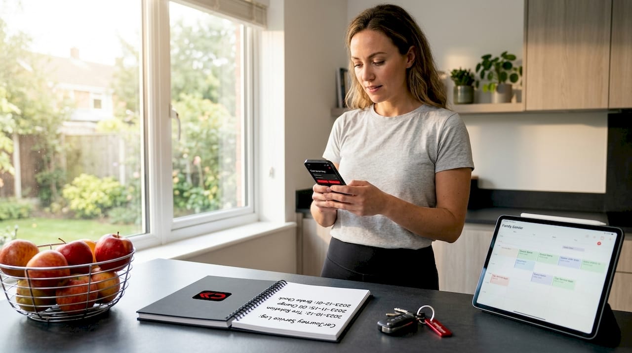 Woman updating vehicle records on smartphone