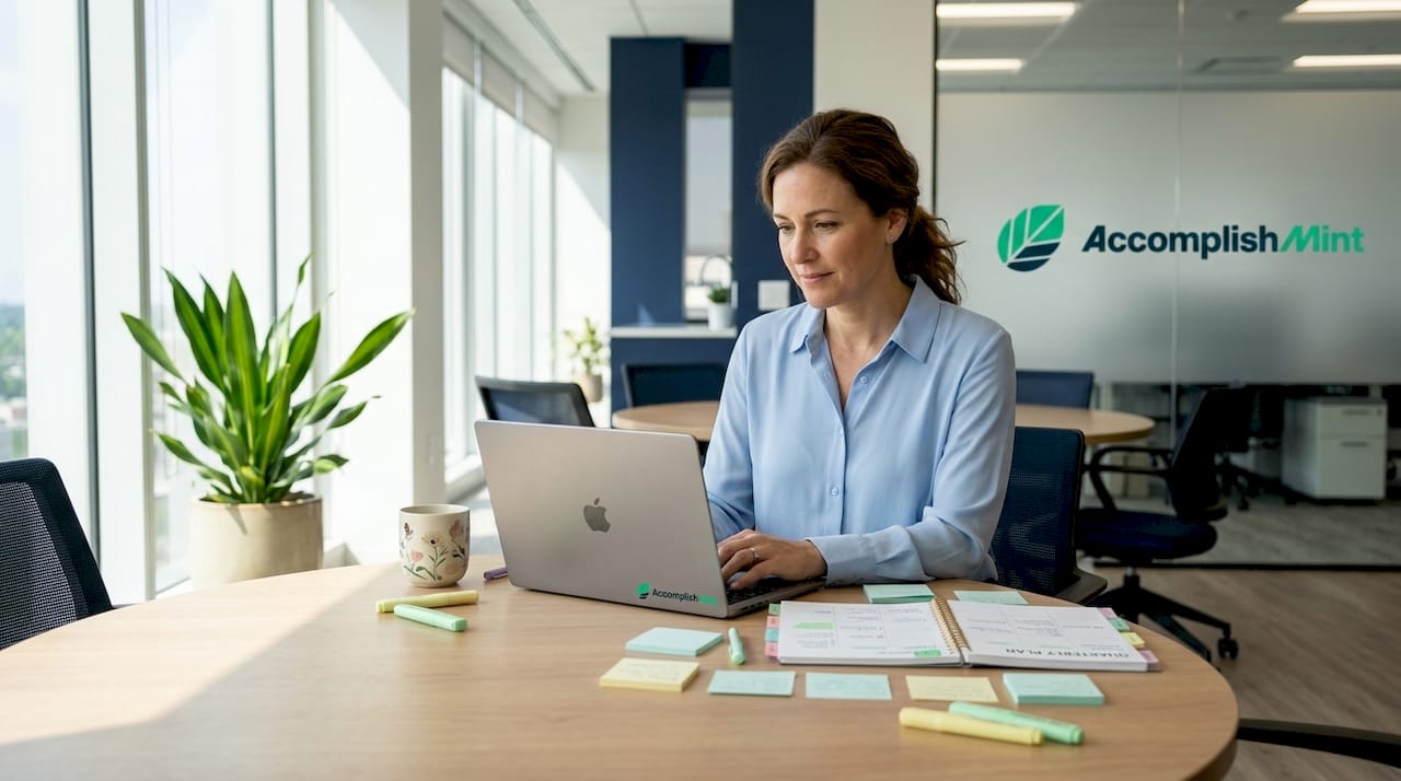 Manager updating quarterly project workflow