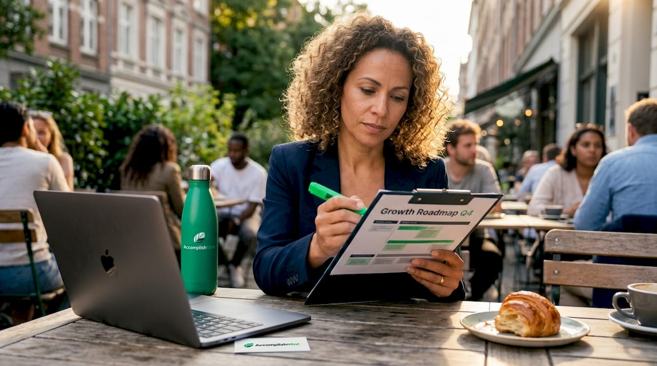 Professional reviewing growth roadmap at cafe