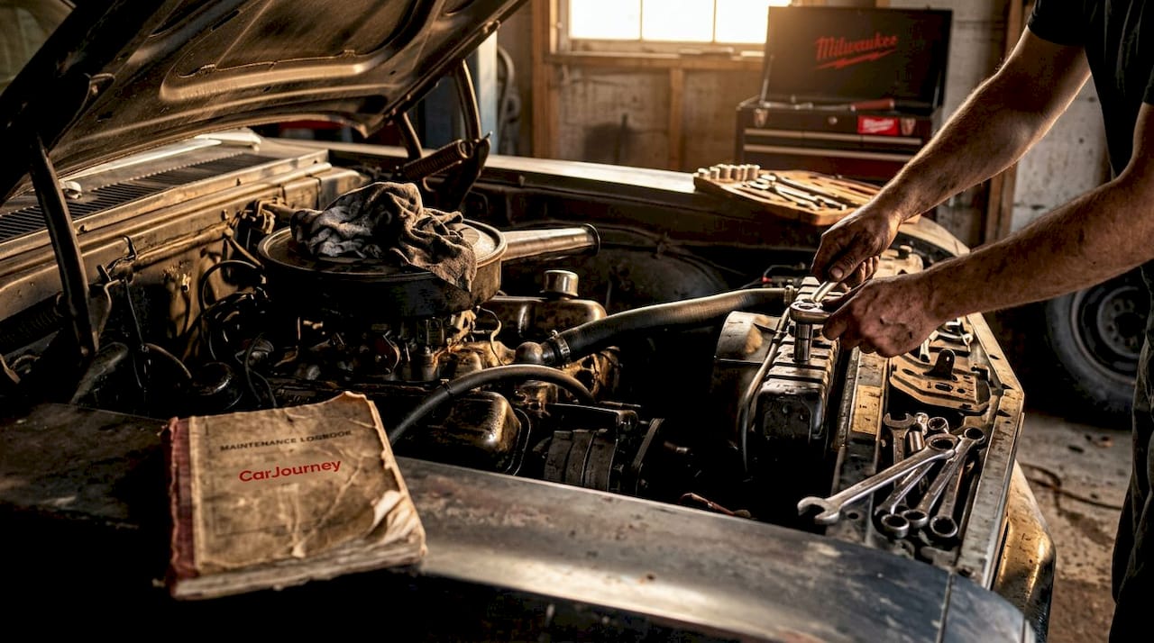 Neglected car engine showing oil damage signs