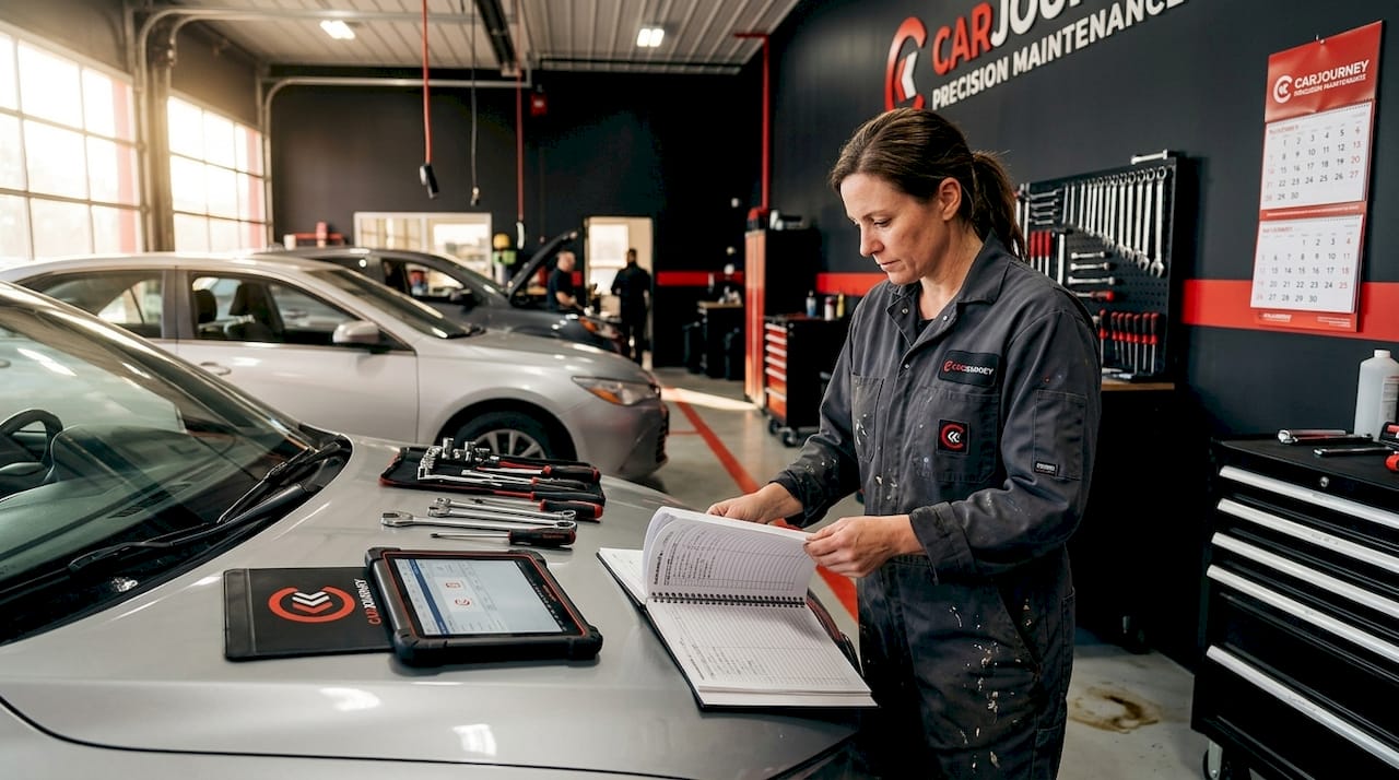 Mechanic checks maintenance log in auto shop