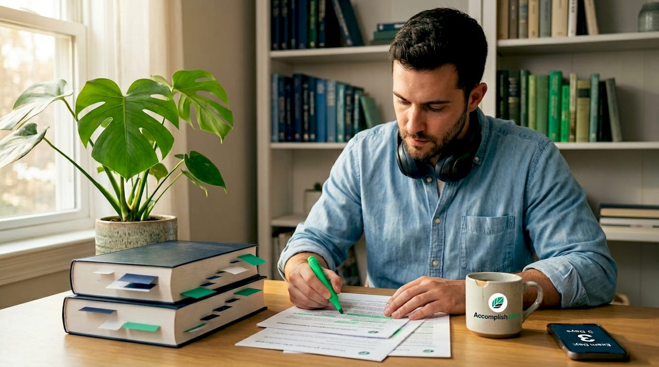 Man preparing certification exam at coworking table