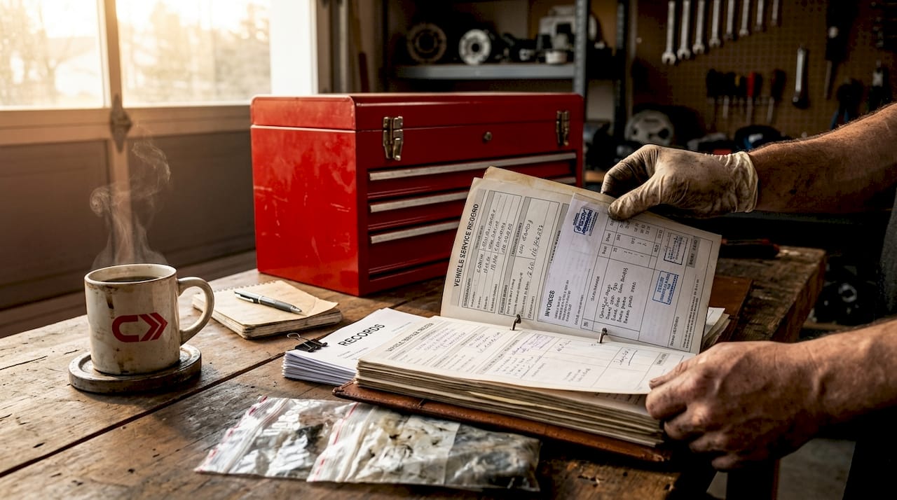 Mechanic hands sorting car service paperwork