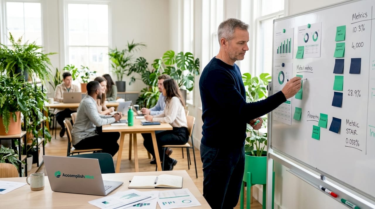 Man reviews performance metrics whiteboard