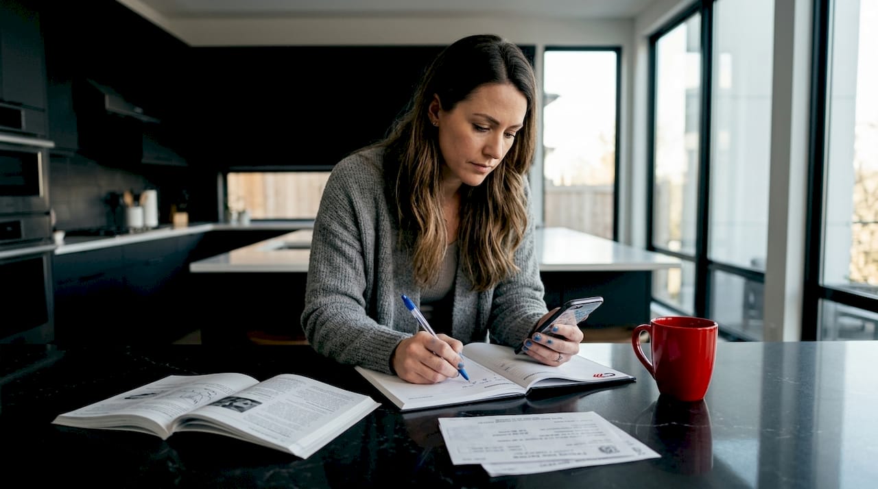 Woman updating vehicle maintenance logbook