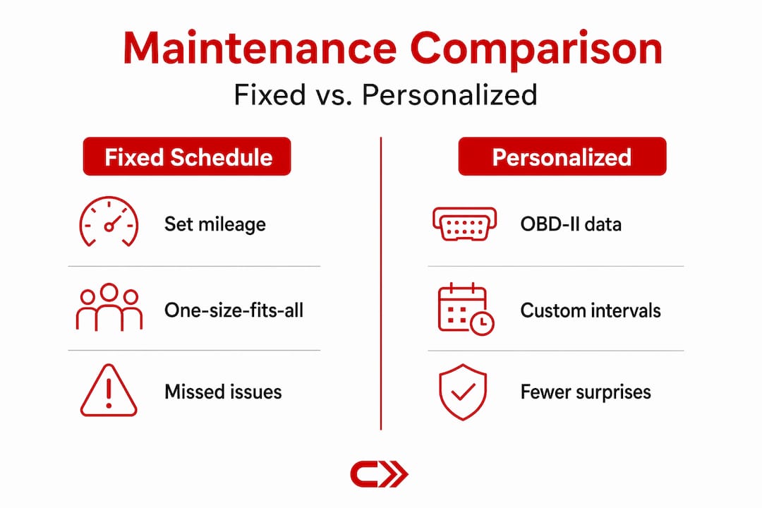 Side-by-side comparison of fixed and personalized car maintenance