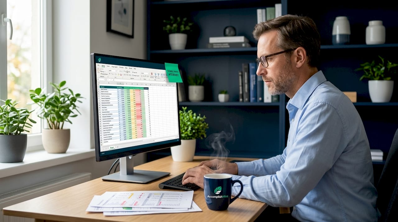 Analyst editing achievement spreadsheet at desk