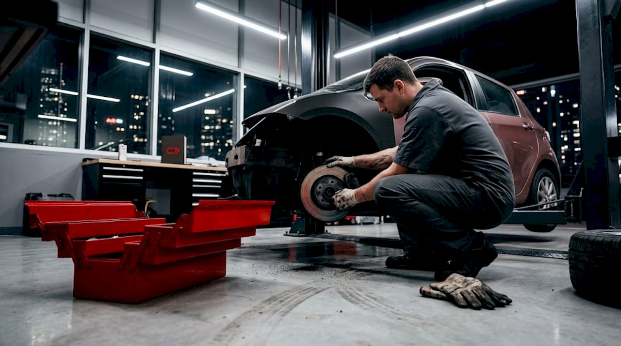 Mechanic inspecting worn car brake assembly
