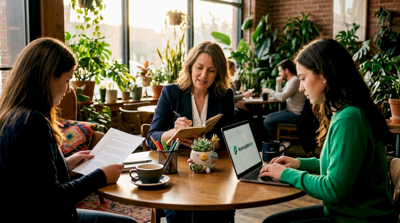 Manager coaching employees in open office