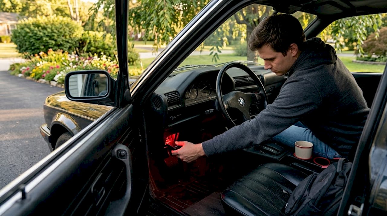 Person installing GPS tracker in car