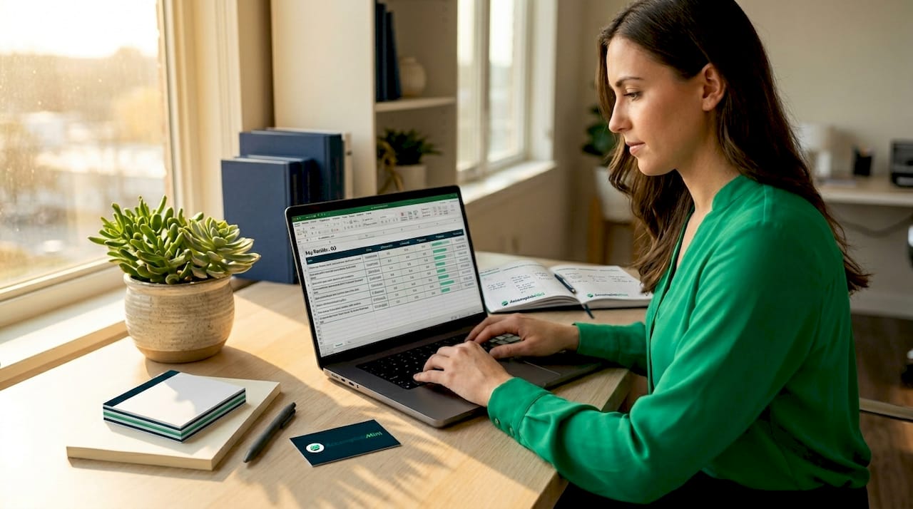 Woman updating achievement tracking spreadsheet