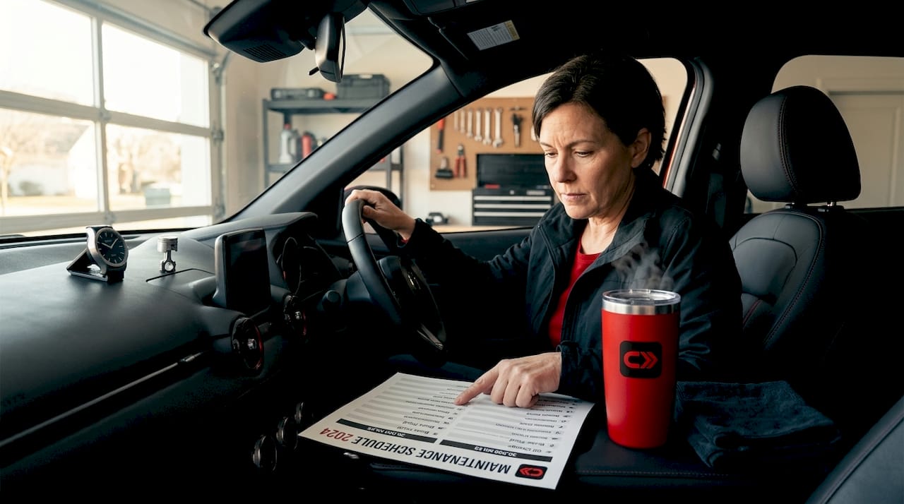 Driver reviews maintenance schedule in SUV