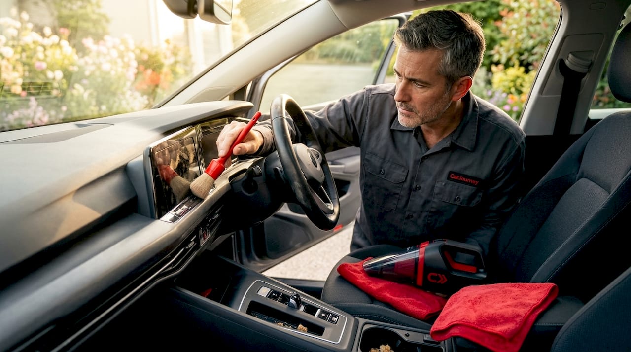 Man dusting dashboard in parked car