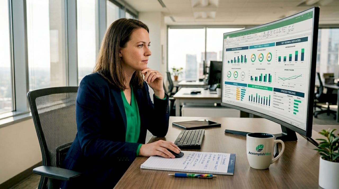 Professional reviewing KPI framework on computer screen