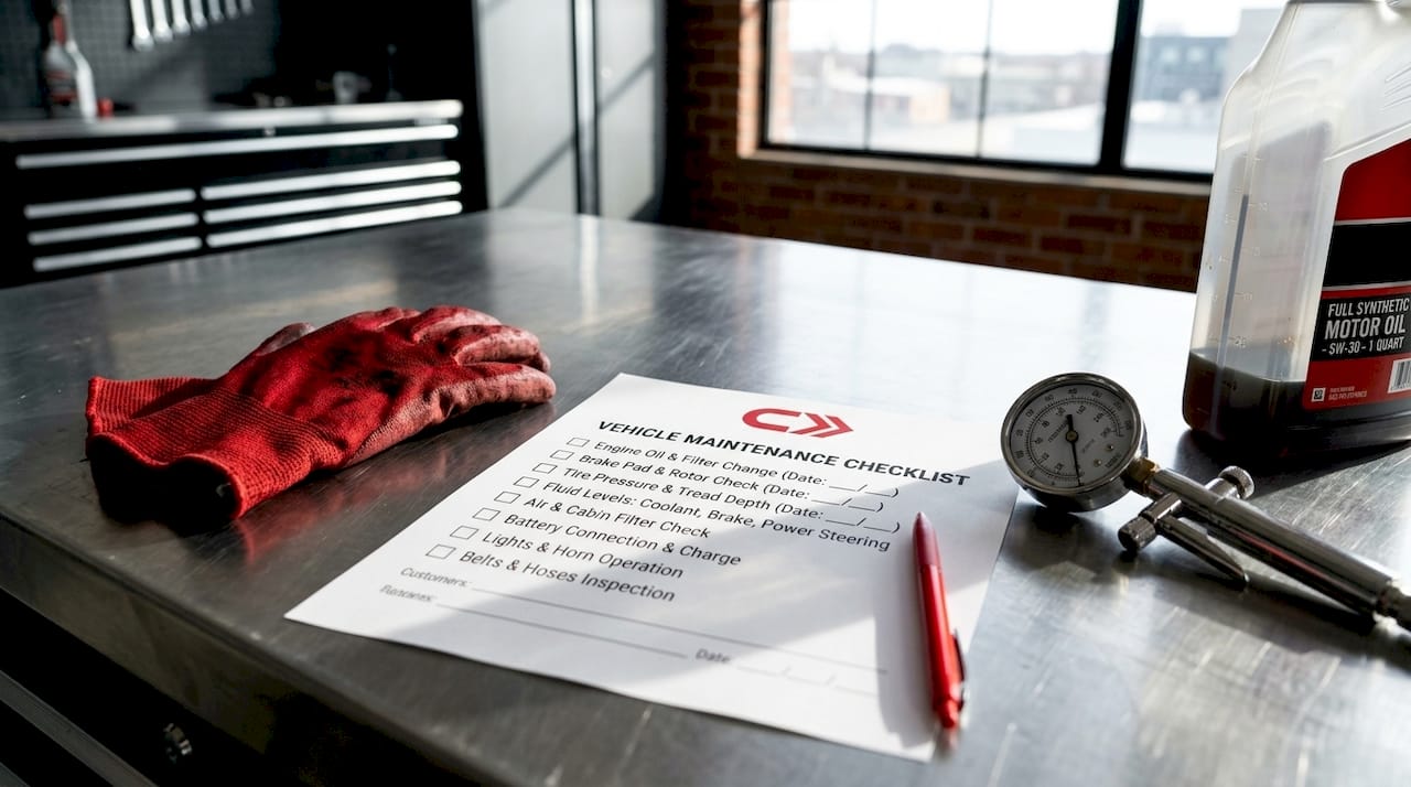 Car maintenance checklist with tools on workbench