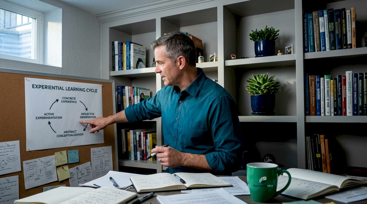 Professional explaining experiential learning diagram
