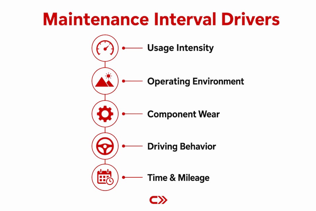 Infographic illustrating factors influencing maintenance intervals