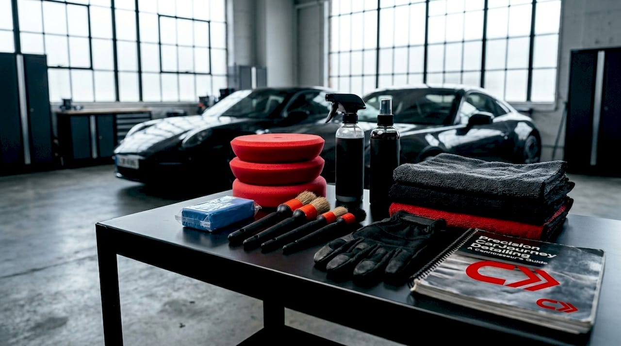 Close-up of car detailing tools on workbench