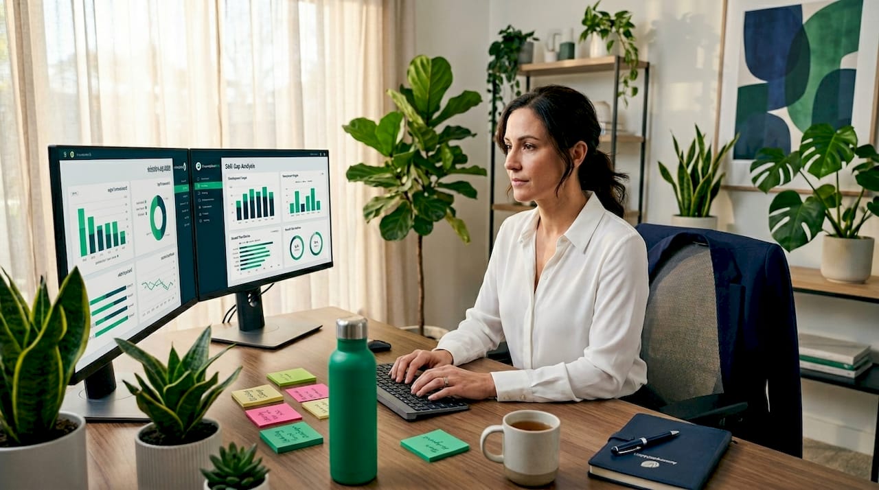 Woman working on skill gap analysis at desk